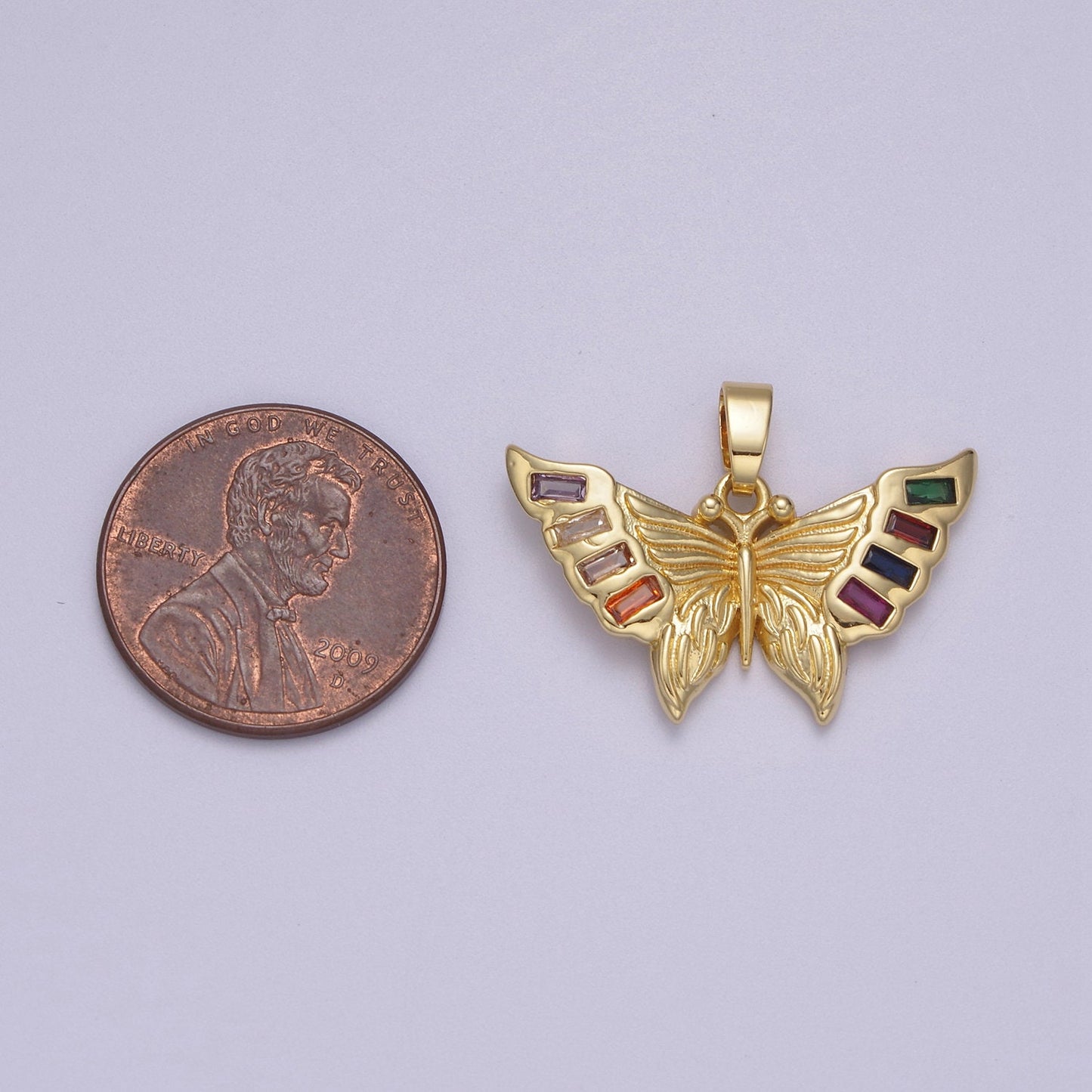 Dainty Yellow Gold Mariposa Butterfly Pendant Bagutte Pave Multi Colored CZ | DIY Charm Necklace Bracelet Earring | Supply N-599