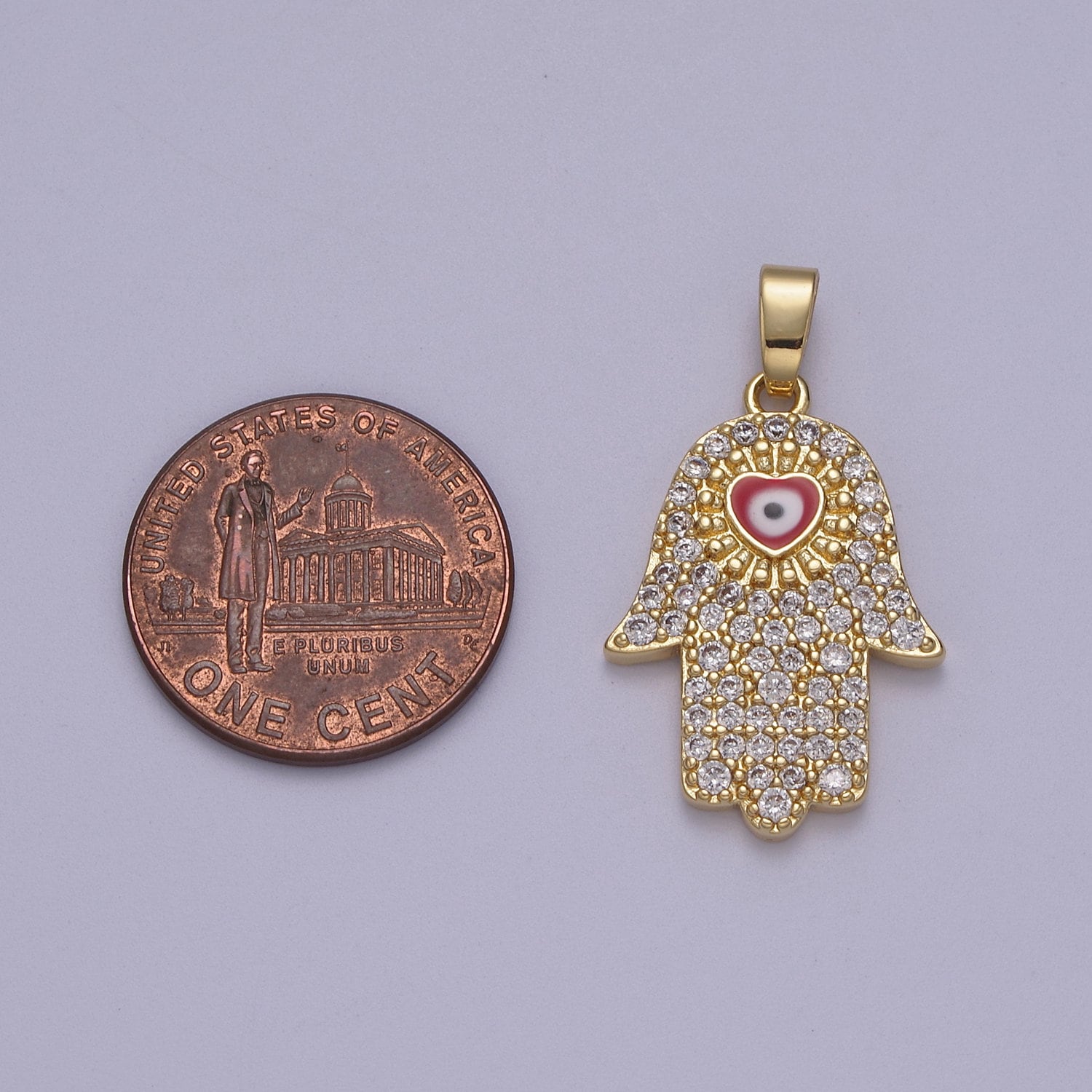 Dainty Hamsa Hand Charm with Heart Shaped Eye Pink 14K Gold Filled Micro CZ Pave | DIY Pendant Piece for Necklace Bracelet | N-601