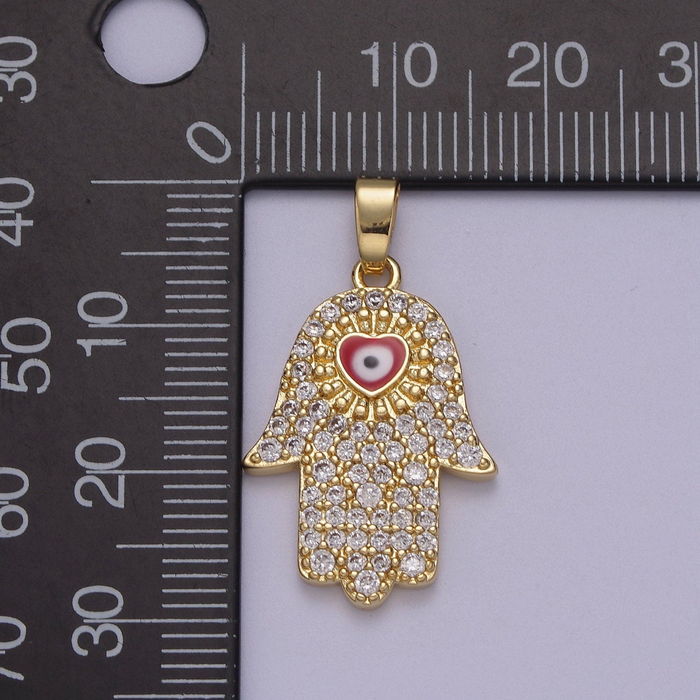 Dainty Hamsa Hand Charm with Heart Shaped Eye Pink 14K Gold Filled Micro CZ Pave | DIY Pendant Piece for Necklace Bracelet | N-601