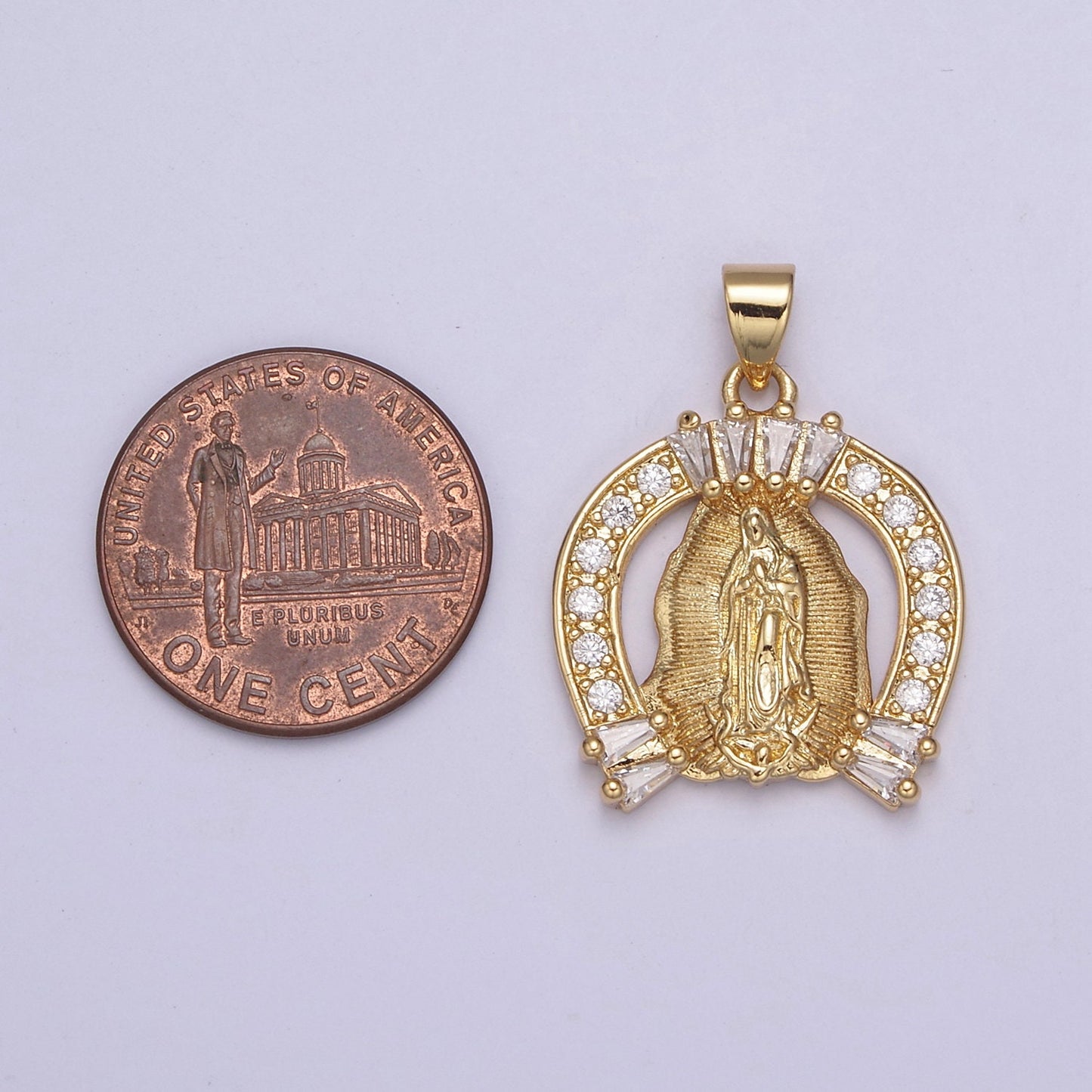 Cubic Gold Horse Shoe Medallion Religious Pendant Lady Guadalupe Virgin Mary Charm for Jewelry Making Supply, H-741