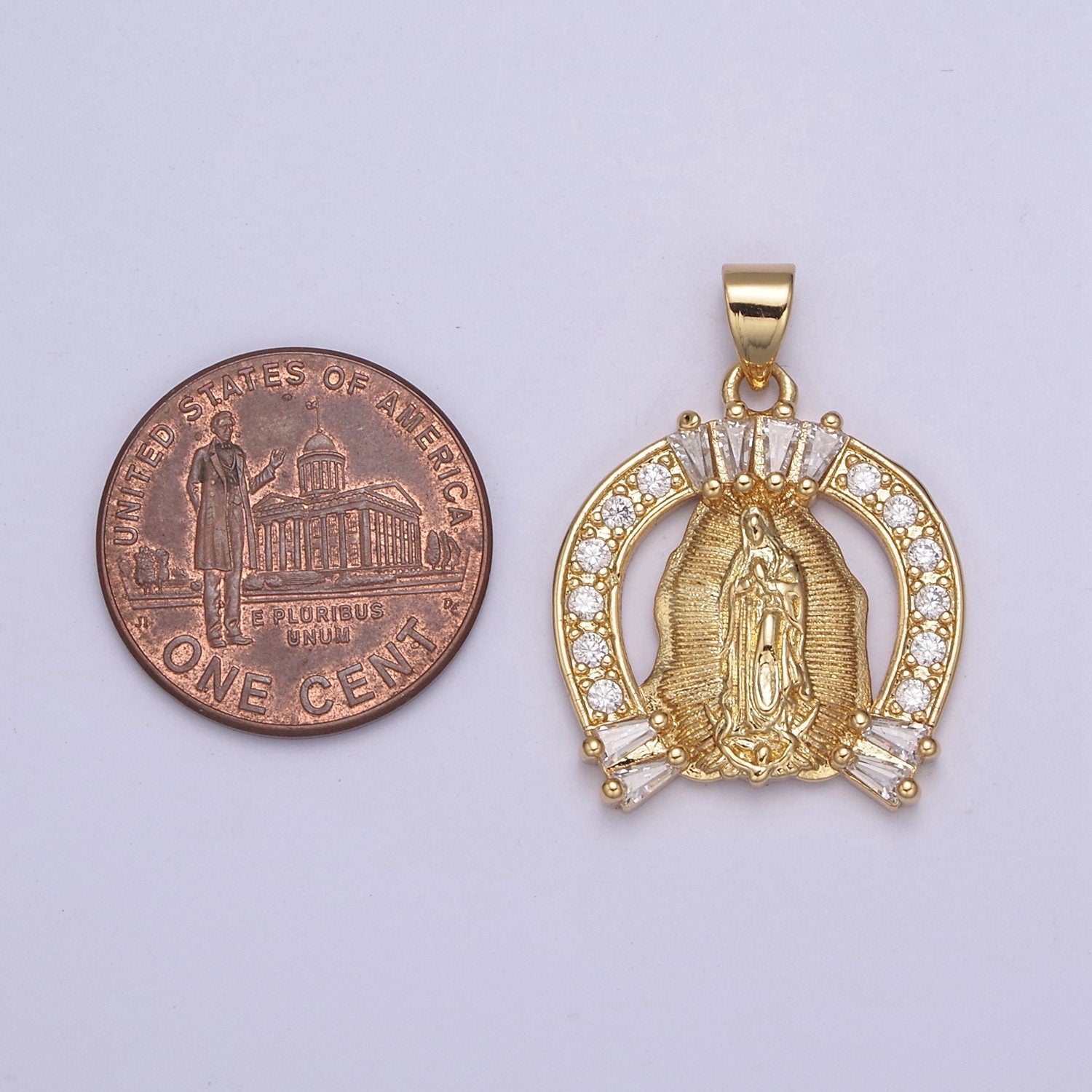 Cubic Gold Horse Shoe Medallion Religious Pendant Lady Guadalupe Virgin Mary Charm for Jewelry Making Supply, H-741