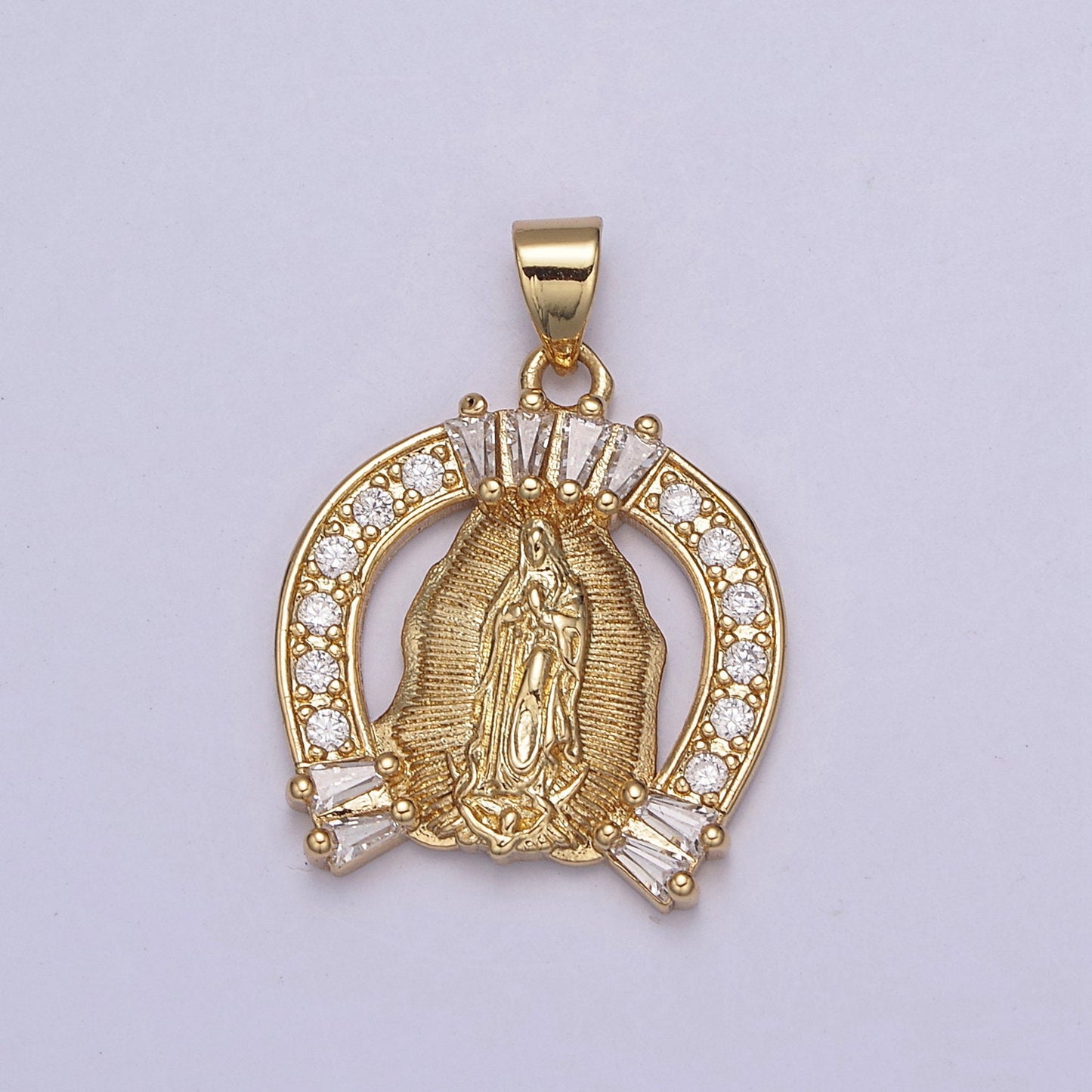 Cubic Gold Horse Shoe Medallion Religious Pendant Lady Guadalupe Virgin Mary Charm for Jewelry Making Supply, H-741