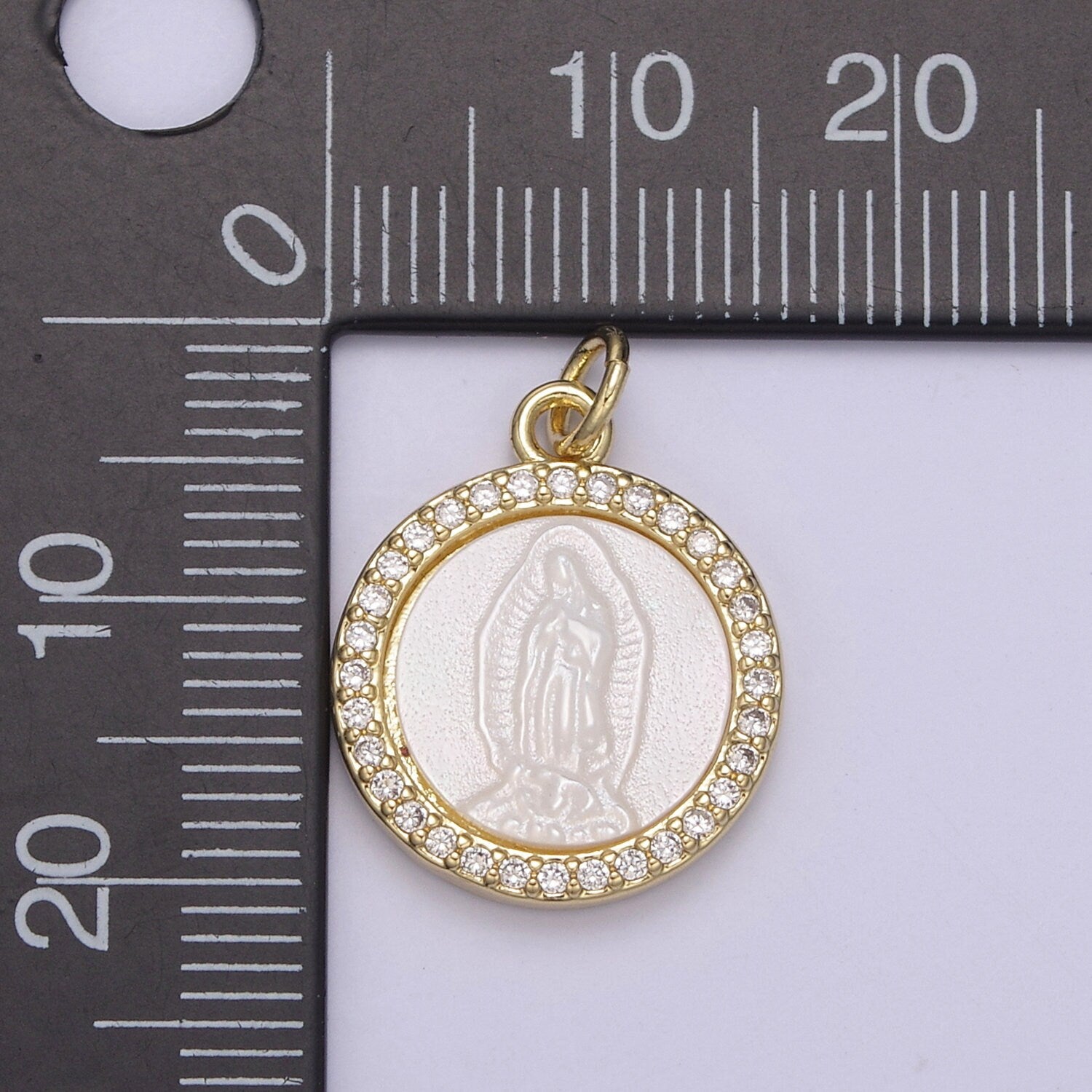 Mother of Pearl Our Lady of Guadalupe Pendant/Virgin Mary Charm Medallion Bezeled with Gold Filled and CZ Micro Pave Religious Supply N-711