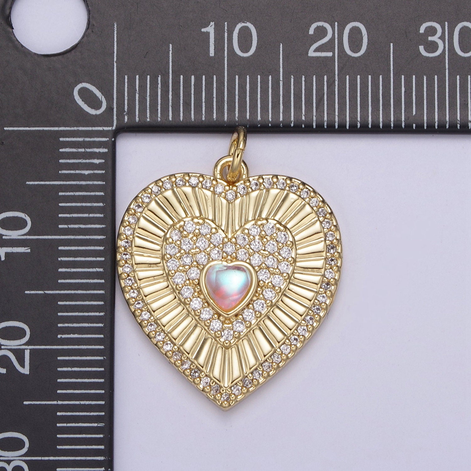 Gold Filled Radial Heart Charm Necklace, Rainbow Moonstone Sunburst Gold Pendant, Dainty Heart Love Valentine Gift Necklace Supply N-765