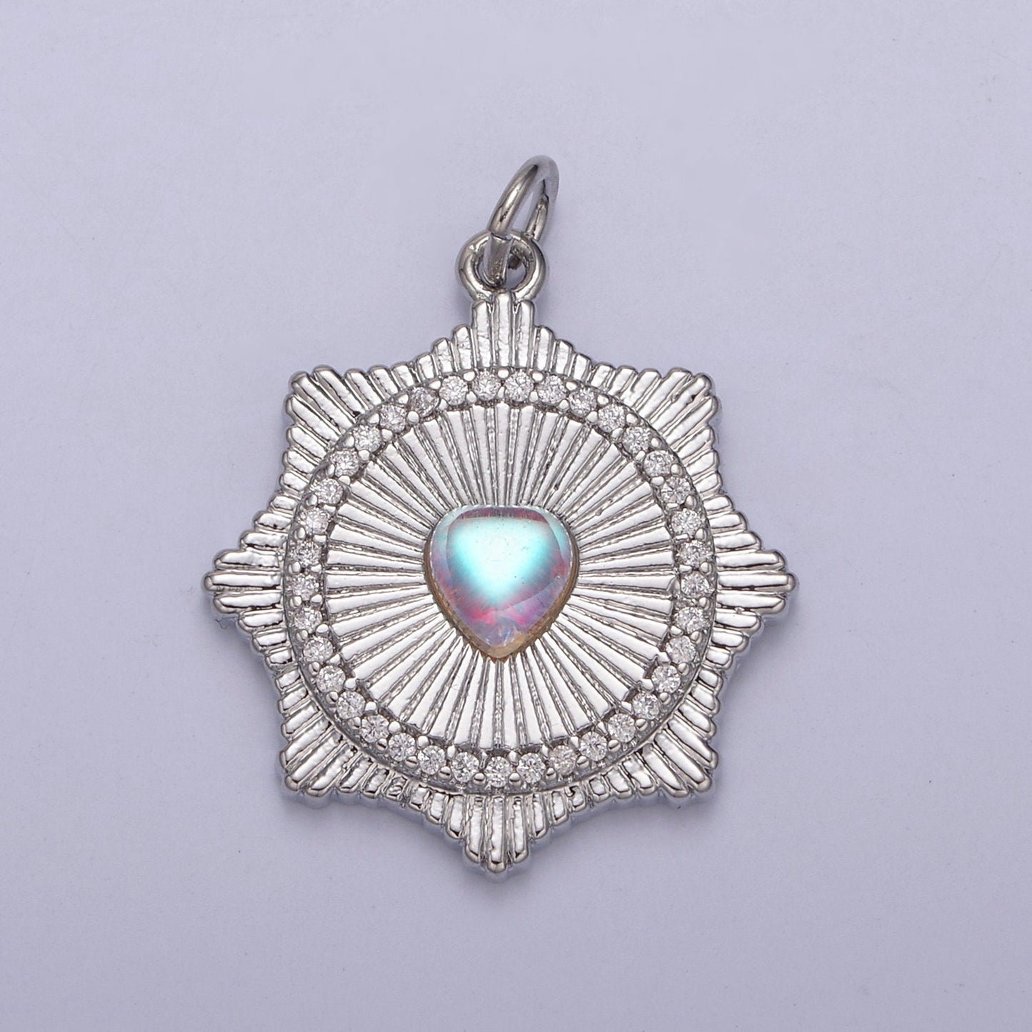 Gold Filled Radial Sun Burst Charm Necklace, Rainbow Moonstone Sunburst Gold Pendant, Dainty Celestial Jewelry Gift Necklace Supply N-693