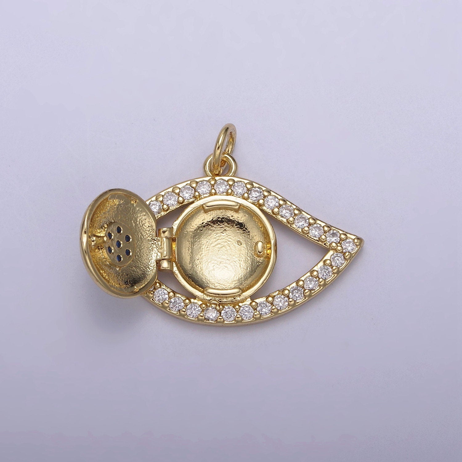 24K Gold Filled Evil Eye Necklace Charm, Micro Pave Eye of Ra Open Locket, Protection Pendant For DIY Jewelry Making, N-767
