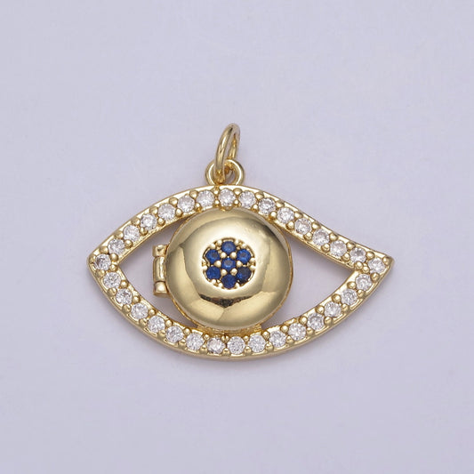 24K Gold Filled Evil Eye Necklace Charm, Micro Pave Eye of Ra Open Locket, Protection Pendant For DIY Jewelry Making, N-767