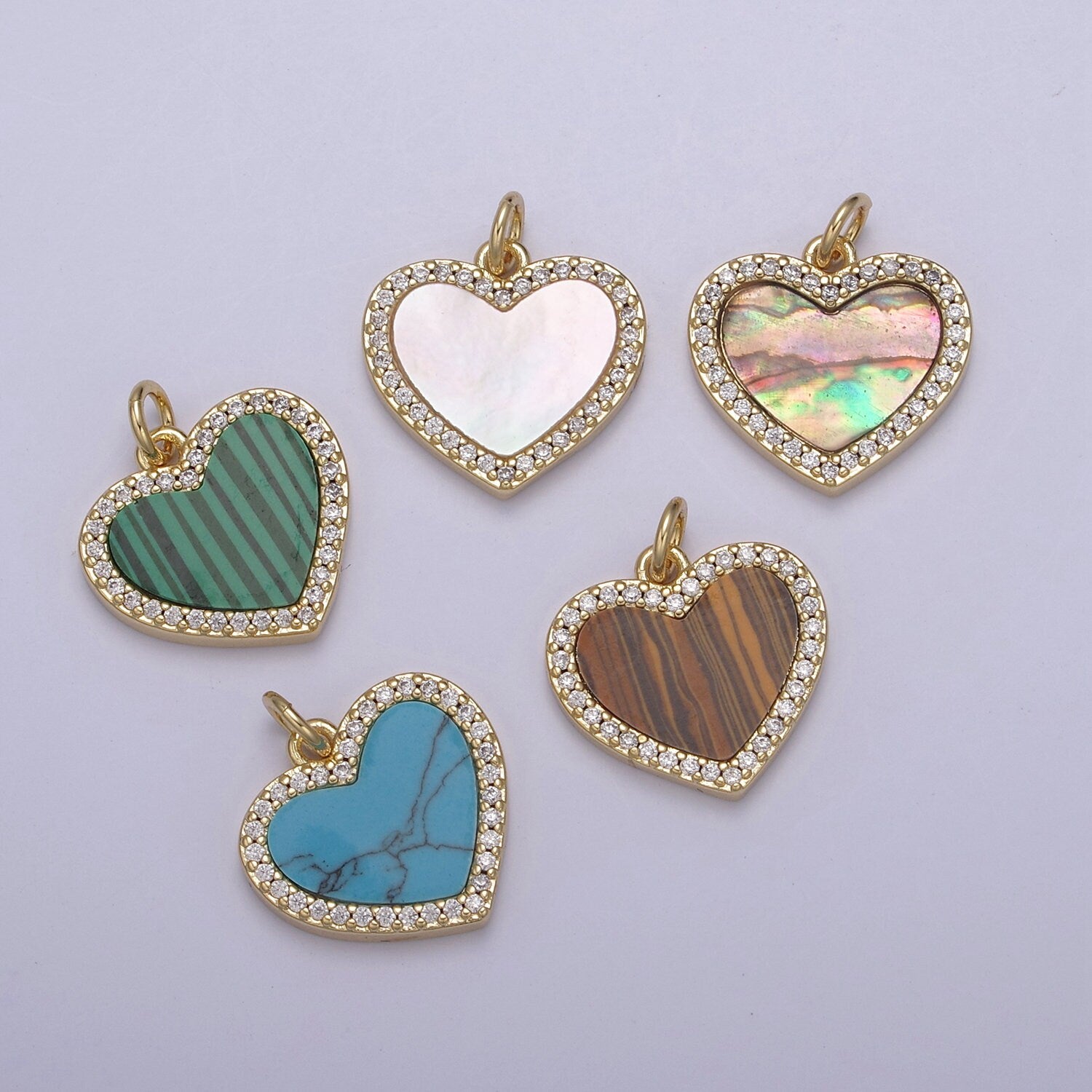 Gemstone Heart Pendant Comes in Malachite, Abalone, Pearl, Turquoise, Tiger Eye Bohemian Findings | DIY Fashion Charm Add on Necklace N-896