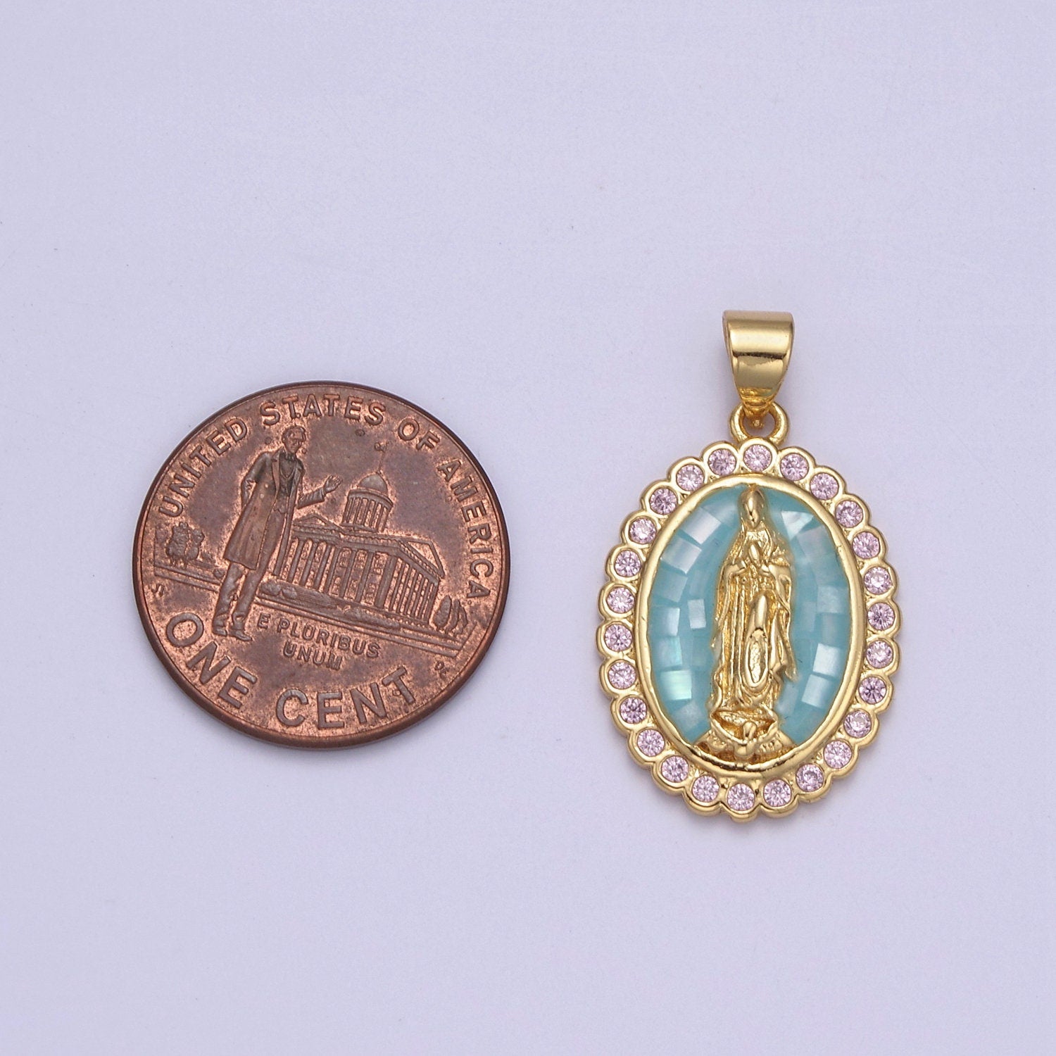 Green Shell Miraculous Lady Charm for Necklace, Dainty Lady of Guadalupe Pendant for Religious Jewelry Making Supply in Gold Filled - N551