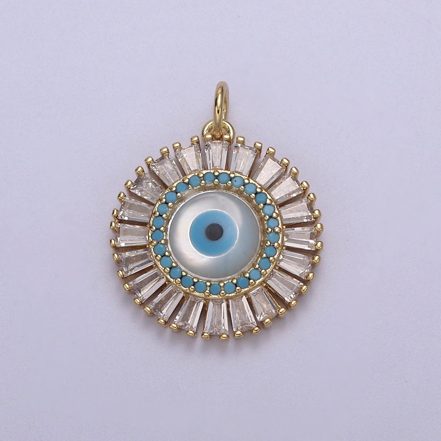 Dainty Gold Filled Baguette CZ Evil Eye Charm Necklace | CZ Round Pendant Amulet Protection Jewelry N-827