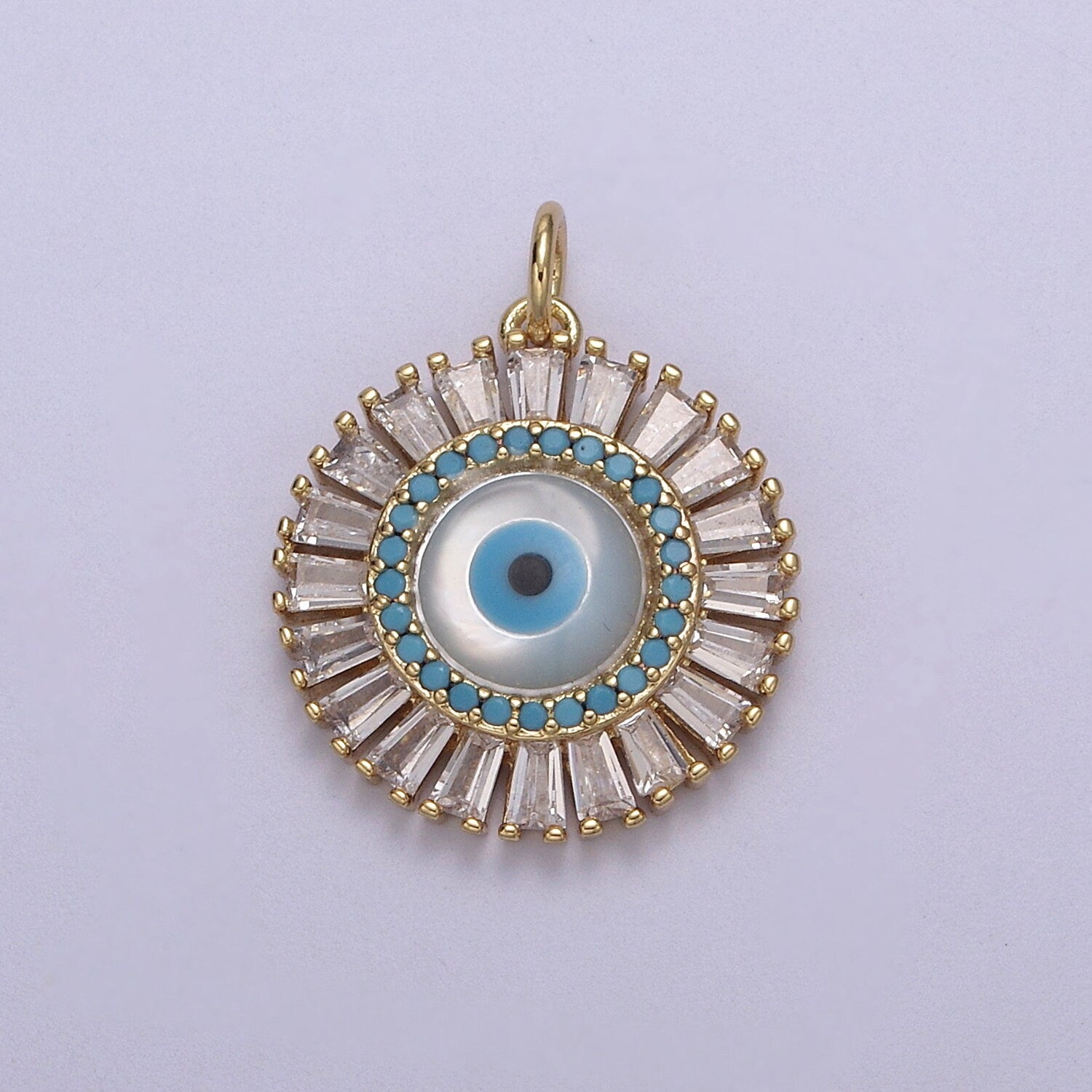 Dainty Gold Filled Baguette CZ Evil Eye Charm Necklace | CZ Round Pendant Amulet Protection Jewelry N-827