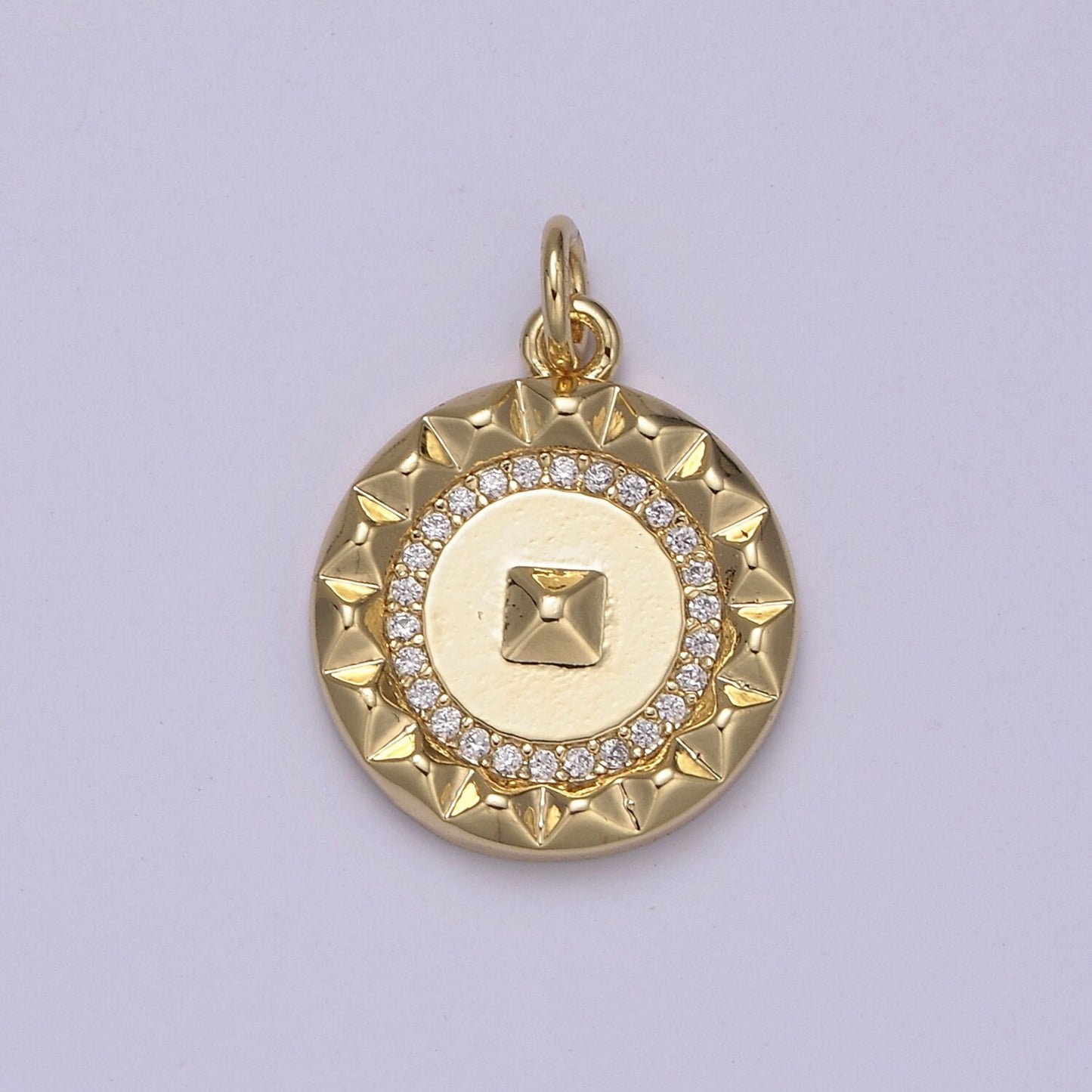 Dainty Gold CZ Paved Circular Medallion with Pyramid Center Small Minimalist Amulet DIY Necklace, Bracelet | N-916