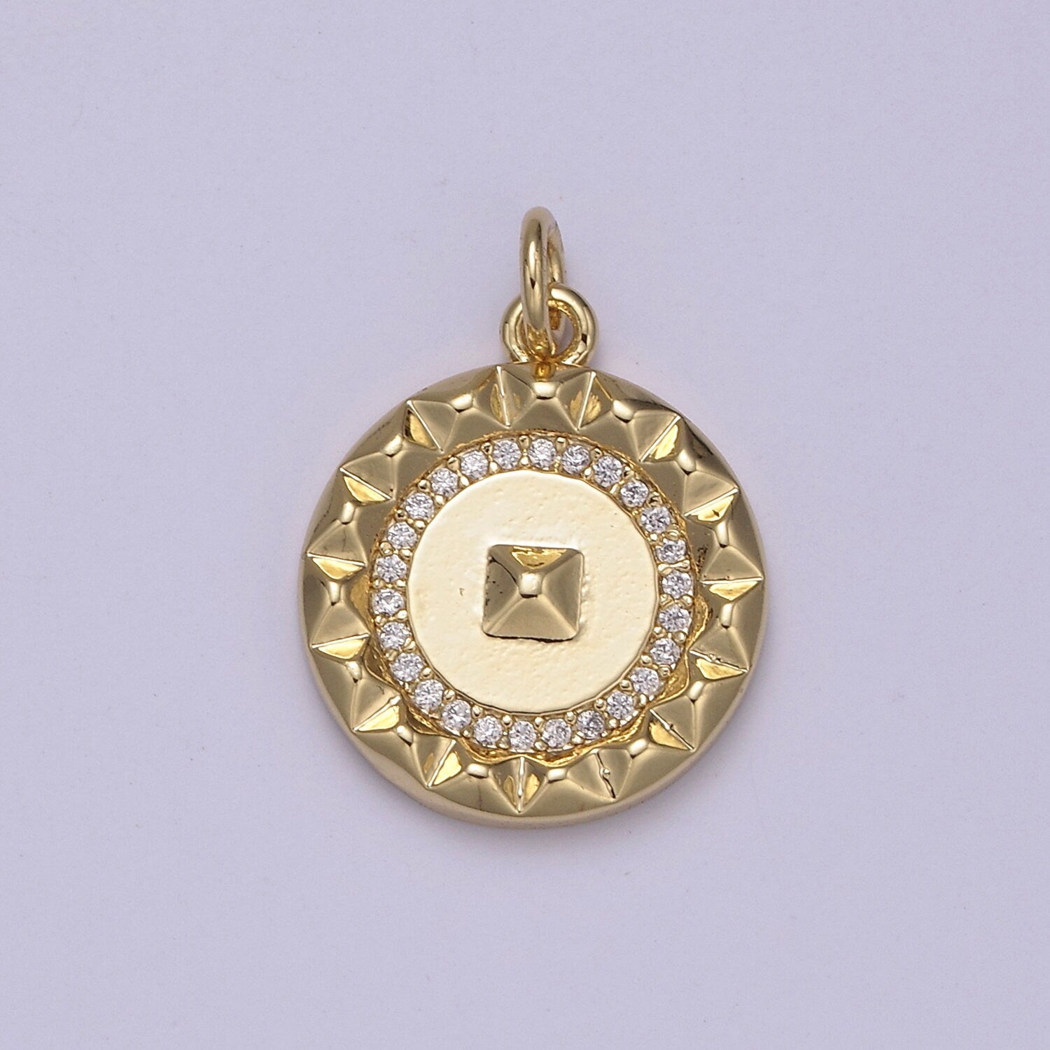 Dainty Gold CZ Paved Circular Medallion with Pyramid Center Small Minimalist Amulet DIY Necklace, Bracelet | N-916