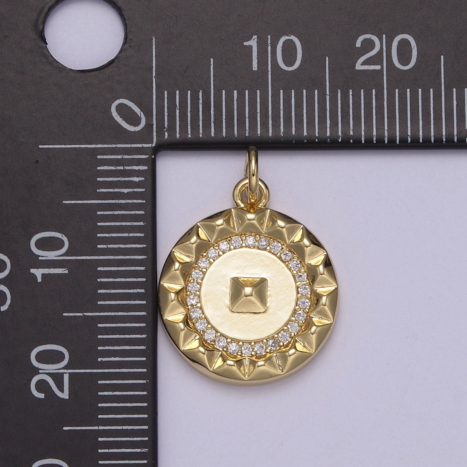 Dainty Gold CZ Paved Circular Medallion with Pyramid Center Small Minimalist Amulet DIY Necklace, Bracelet | N-916
