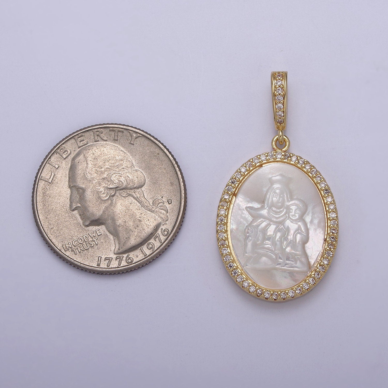 Bold CZ Paved Lady Guadalupe Holding Baby Jesus Oval Pendant Virgin Mary on Pearl Religious DIY Charm Supply for Necklace Bracelet | N-562