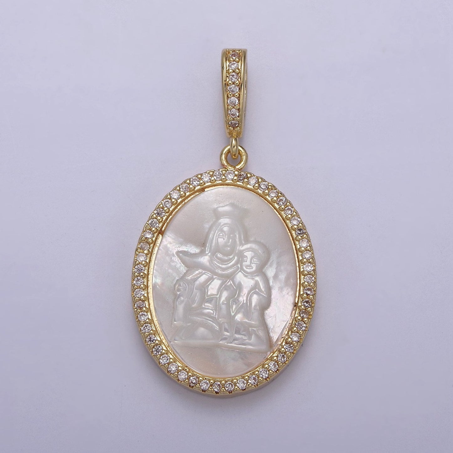 Bold CZ Paved Lady Guadalupe Holding Baby Jesus Oval Pendant Virgin Mary on Pearl Religious DIY Charm Supply for Necklace Bracelet | N-562