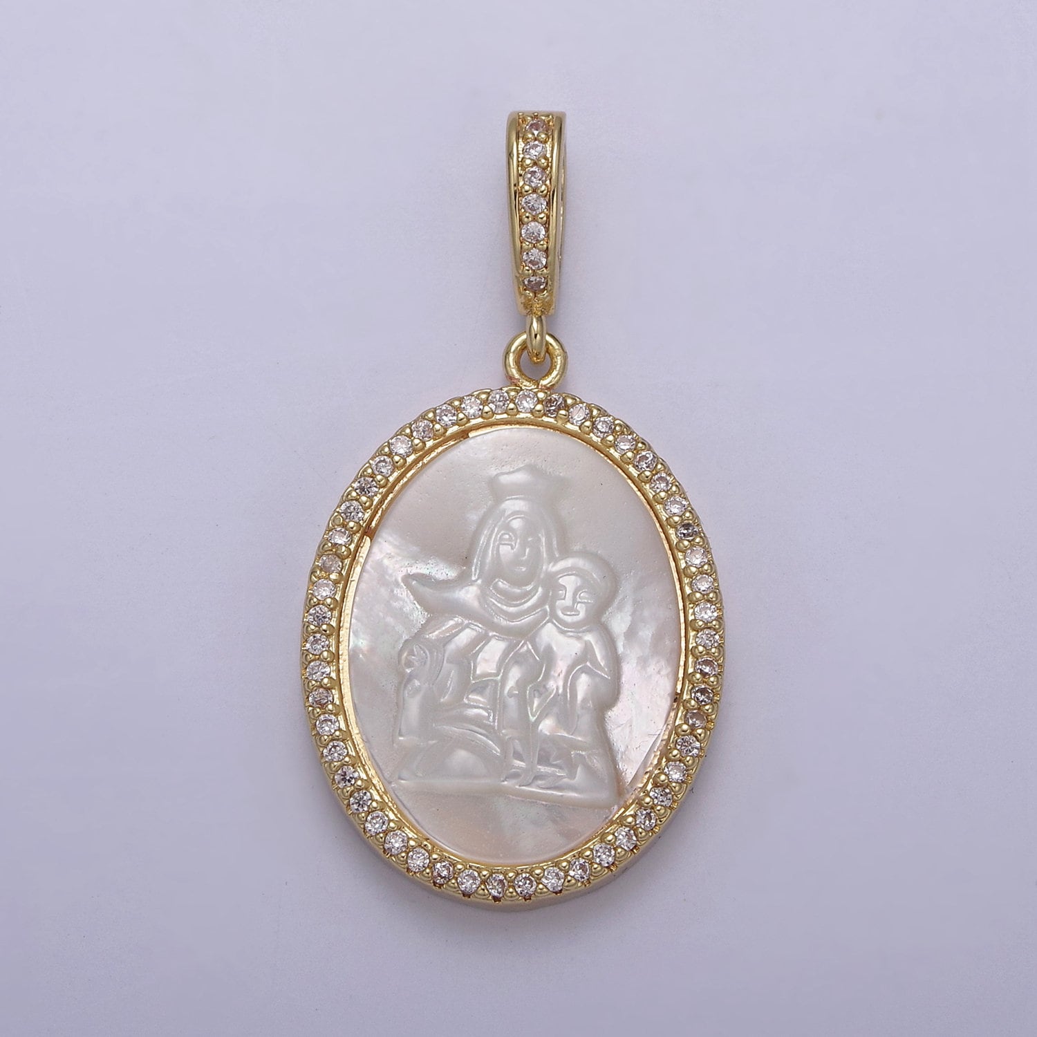 Bold CZ Paved Lady Guadalupe Holding Baby Jesus Oval Pendant Virgin Mary on Pearl Religious DIY Charm Supply for Necklace Bracelet | N-562