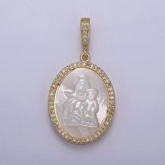 Bold CZ Paved Lady Guadalupe Holding Baby Jesus Oval Pendant Virgin Mary on Pearl Religious DIY Charm Supply for Necklace Bracelet | N-562