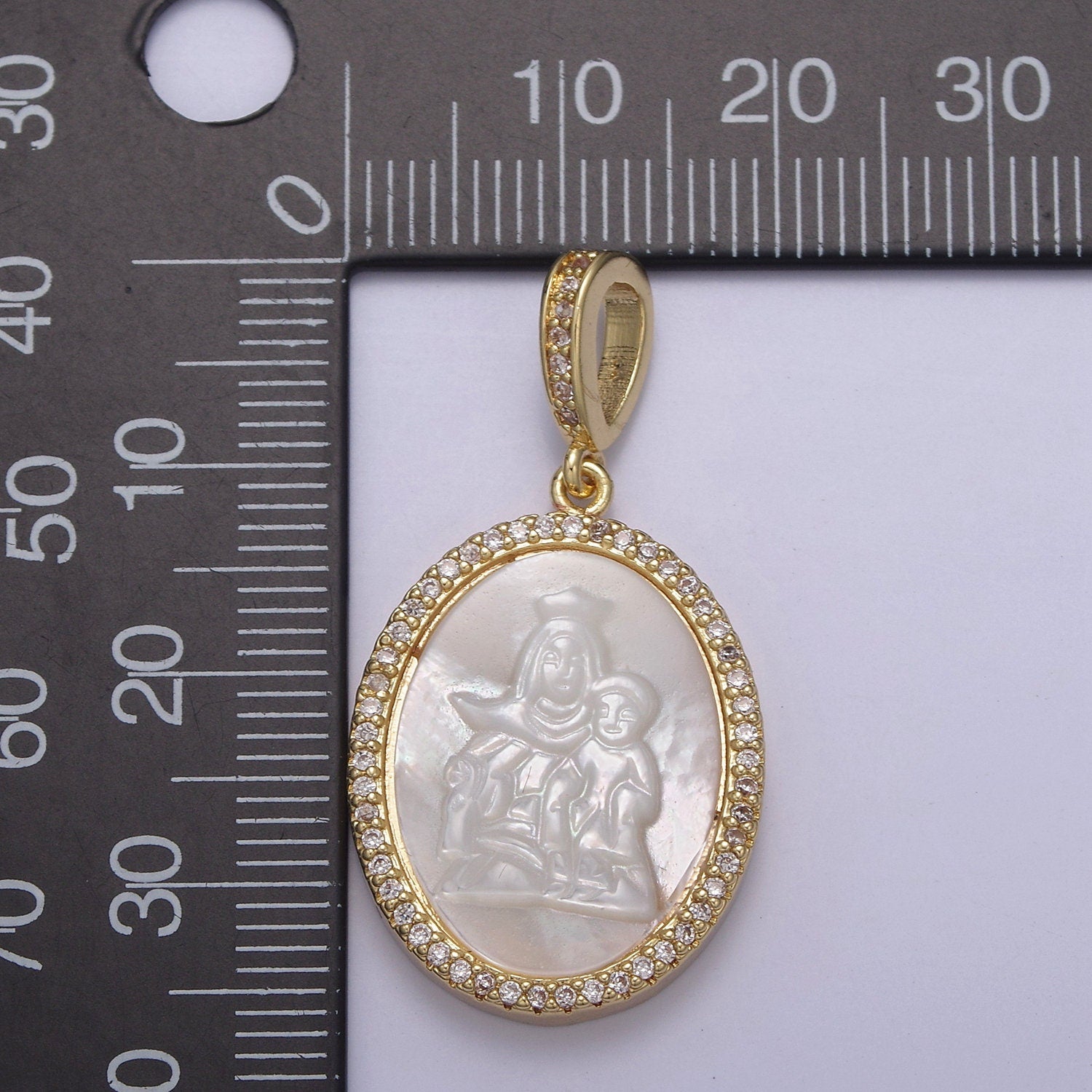 Bold CZ Paved Lady Guadalupe Holding Baby Jesus Oval Pendant Virgin Mary on Pearl Religious DIY Charm Supply for Necklace Bracelet | N-562