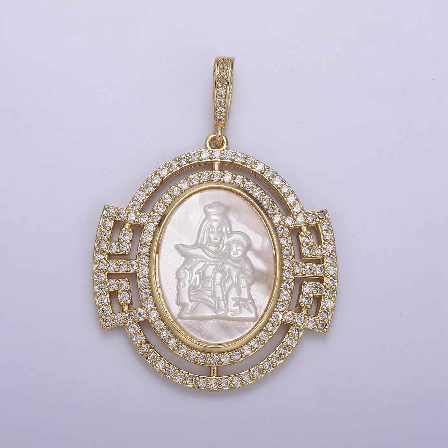 Bold CZ Paved Lady Guadalupe Holding Baby Jesus Ornate Oval Pendant Virgin Mary on Pearl Religious DIY Charm Necklace Bracelet| N-562