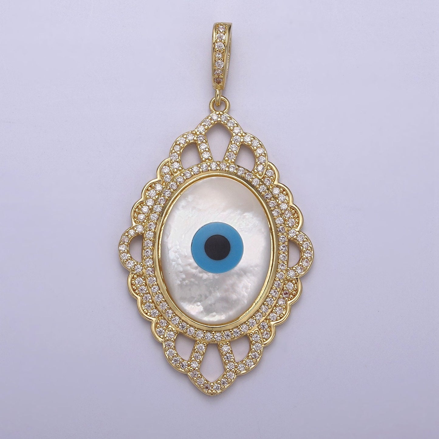 Bold Oval Blue Evil Eye Charm Micro CZ Paved Charm w/ Ornate Design Pearl Stone Center DIY Pendant Component Necklace Bracelet | N-561