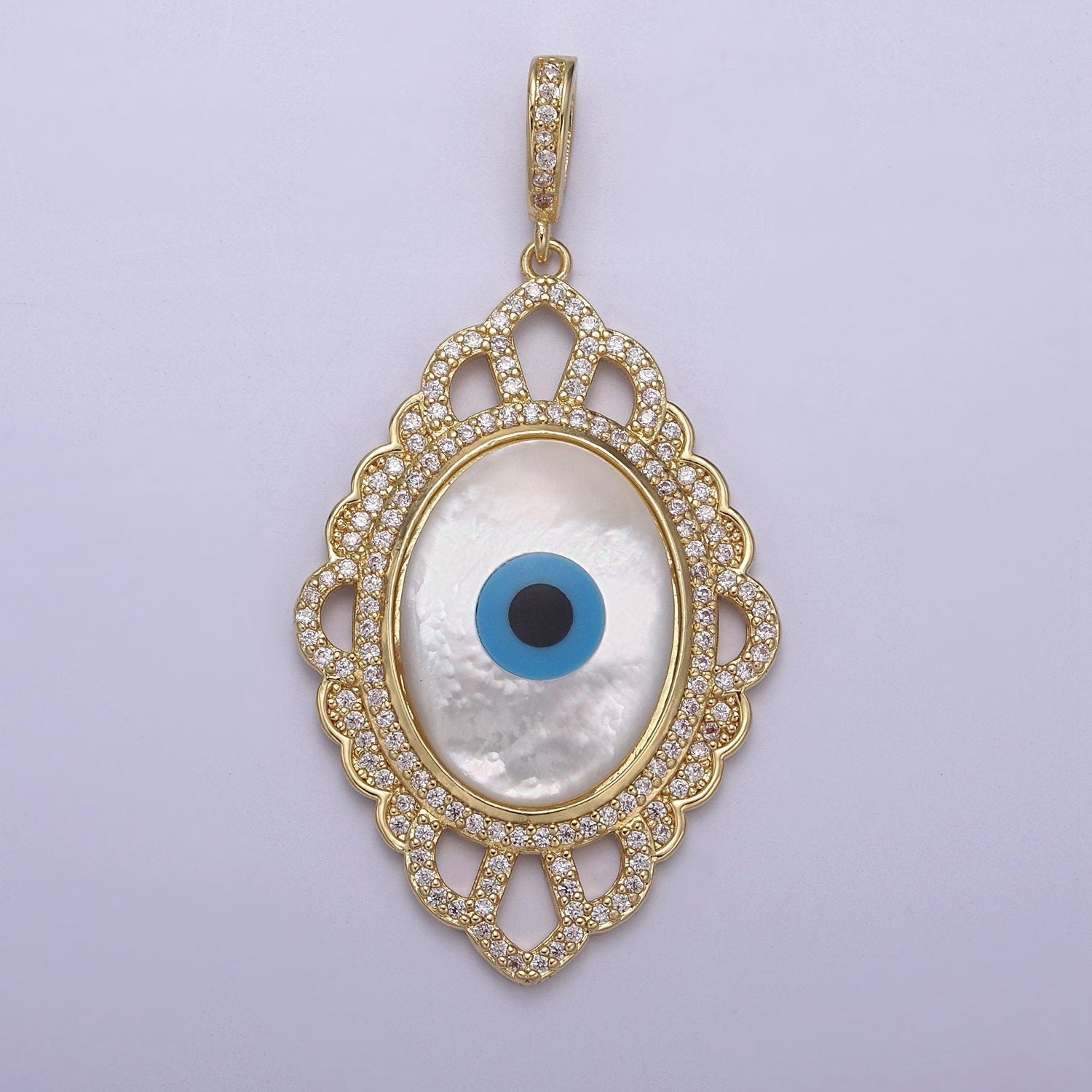 Bold Oval Blue Evil Eye Charm Micro CZ Paved Charm w/ Ornate Design Pearl Stone Center DIY Pendant Component Necklace Bracelet | N-561