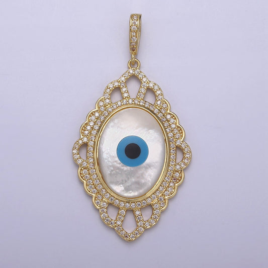 Bold Oval Blue Evil Eye Charm Micro CZ Paved Charm w/ Ornate Design Pearl Stone Center DIY Pendant Component Necklace Bracelet | N-561