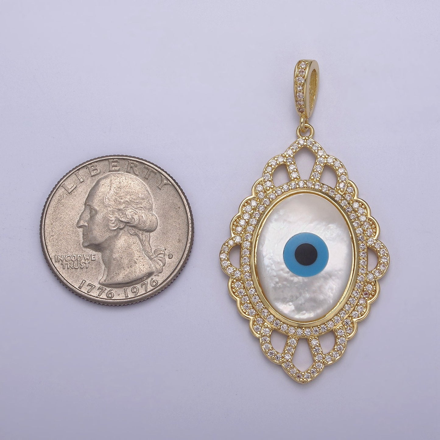 Bold Oval Blue Evil Eye Charm Micro CZ Paved Charm w/ Ornate Design Pearl Stone Center DIY Pendant Component Necklace Bracelet | N-561