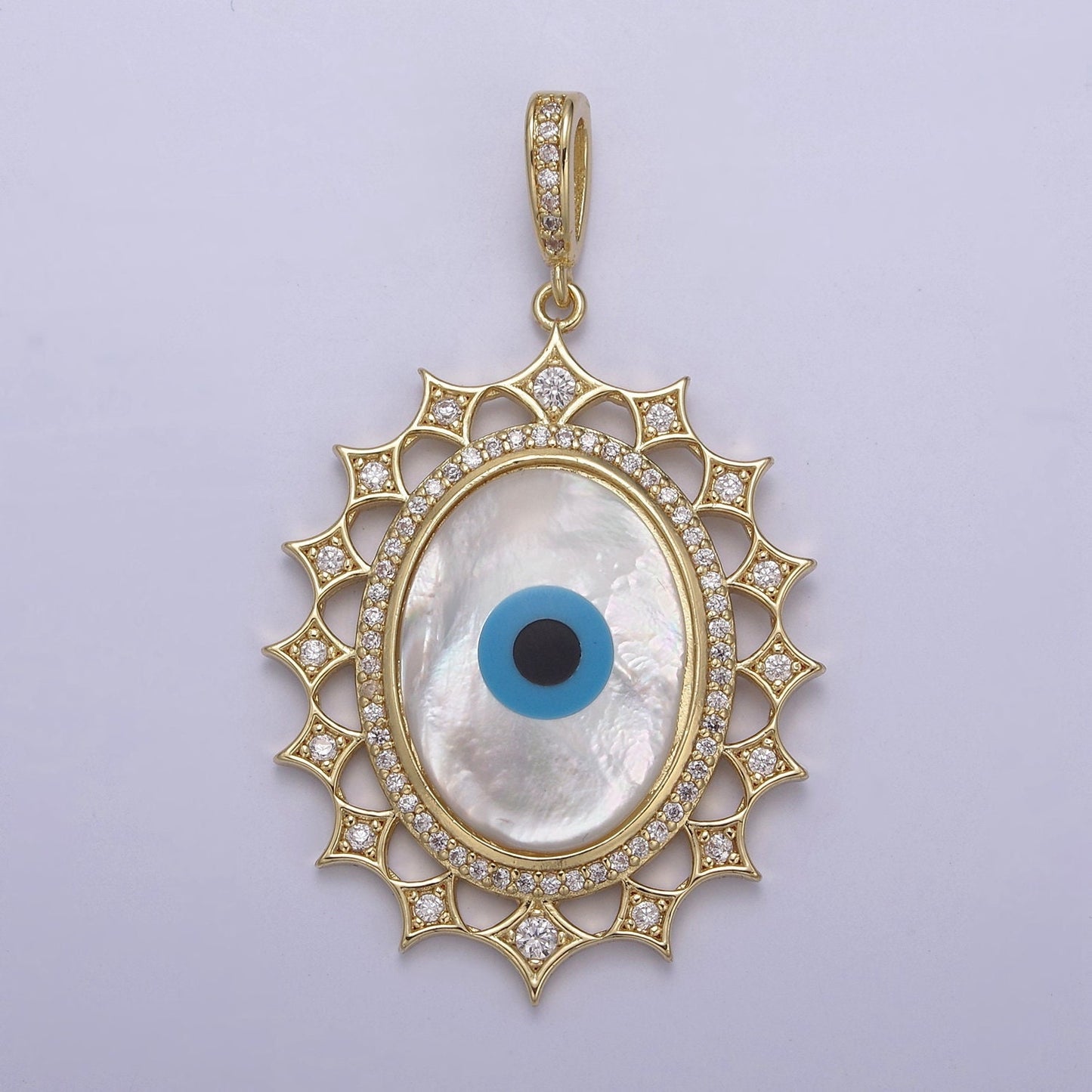Bold Oval Blue Evil Eye Charm Micro CZ Paved Charm w/ Star Design Pearl Stone Center DIY Pendant Component Necklace Bracelet | N-560