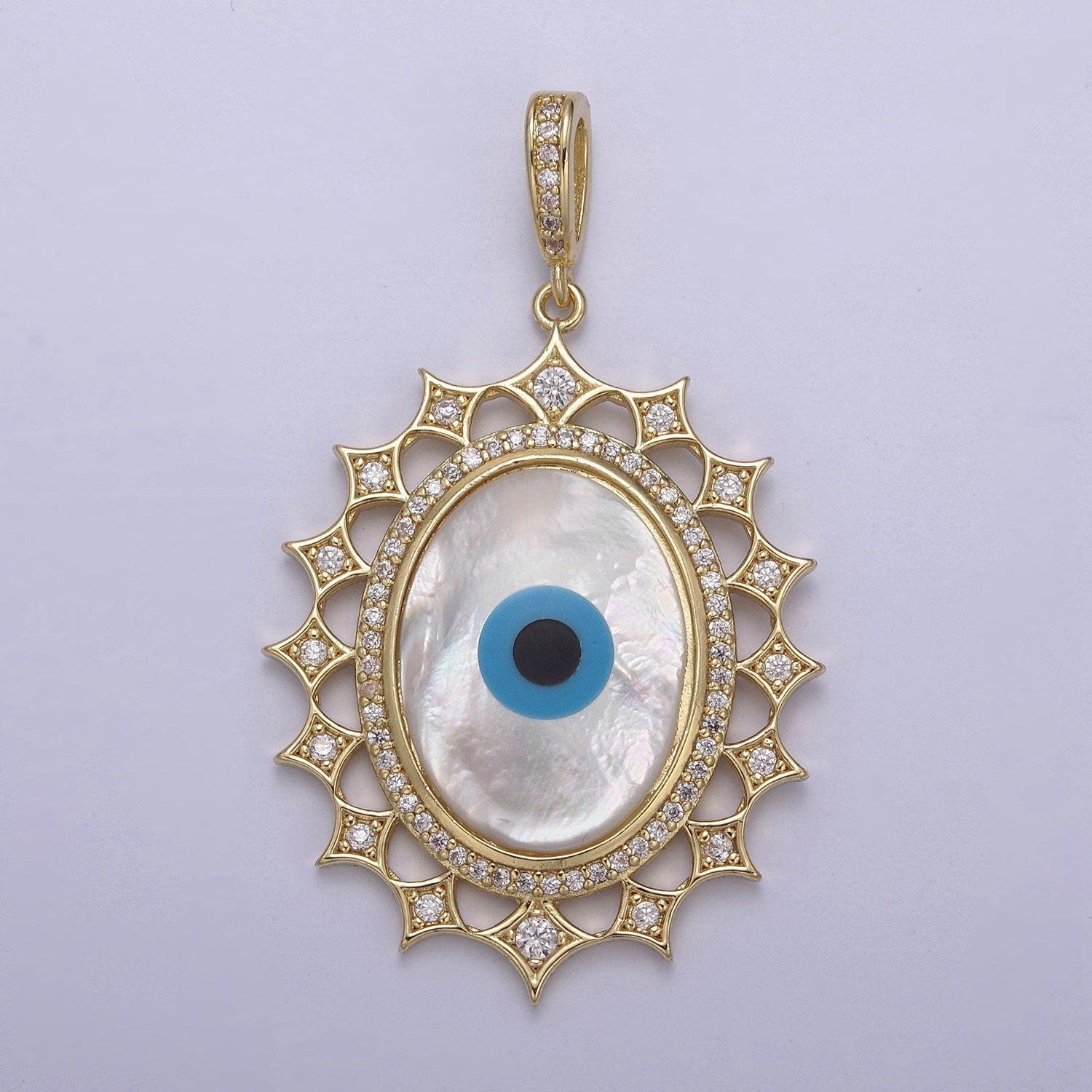 Bold Oval Blue Evil Eye Charm Micro CZ Paved Charm w/ Star Design Pearl Stone Center DIY Pendant Component Necklace Bracelet | N-560