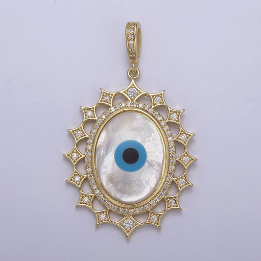 Bold Oval Blue Evil Eye Charm Micro CZ Paved Charm w/ Star Design Pearl Stone Center DIY Pendant Component Necklace Bracelet | N-560
