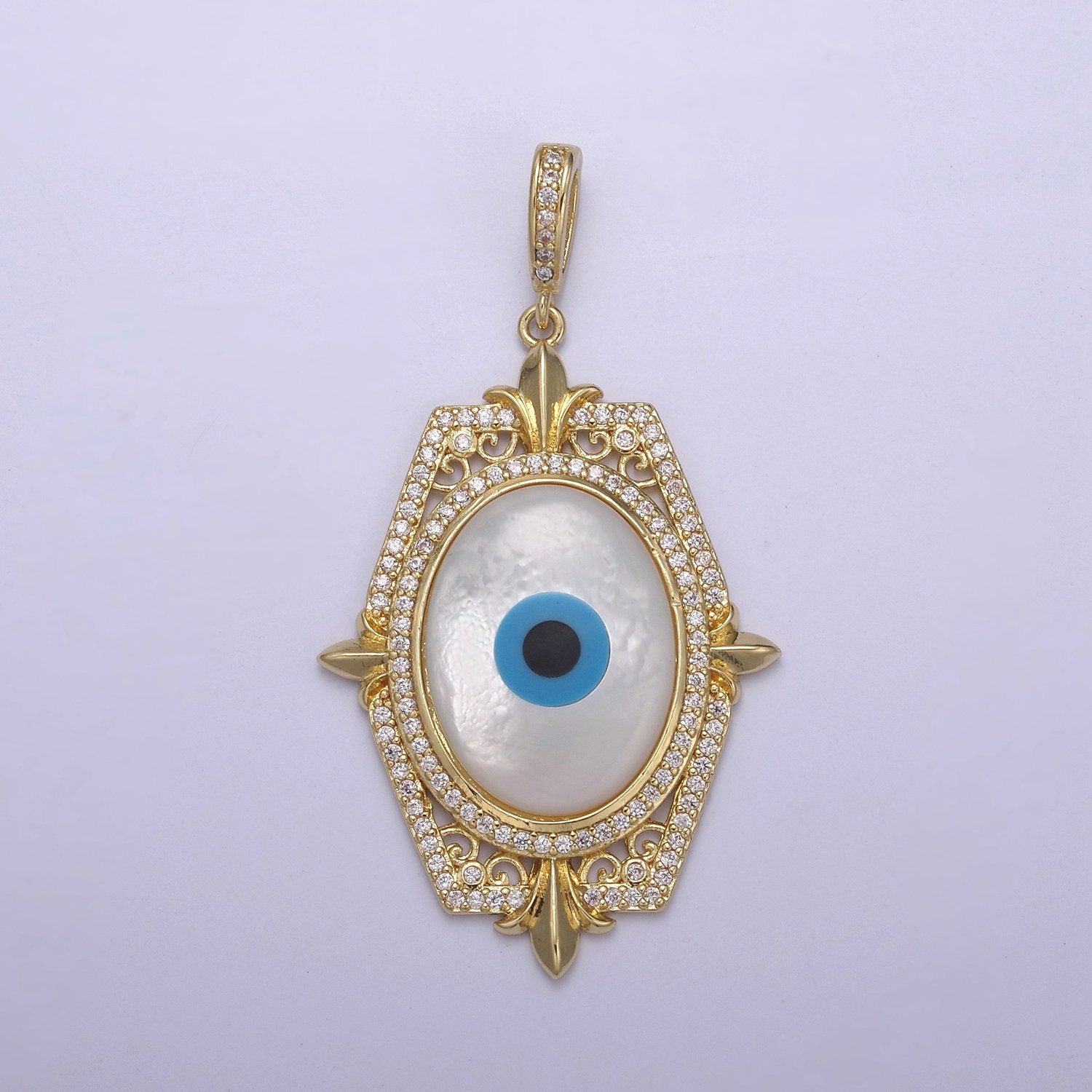 Bold Oval Blue Evil Eye Charm Micro CZ Paved Charm w/ Hexagonal Design Fleur Decoration DIY Pendant Component Necklace Bracelet | N-564