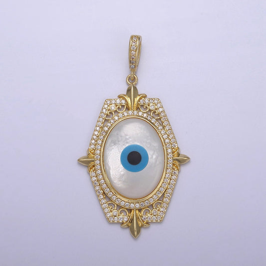 Bold Oval Blue Evil Eye Charm Micro CZ Paved Charm w/ Hexagonal Design Fleur Decoration DIY Pendant Component Necklace Bracelet | N-564