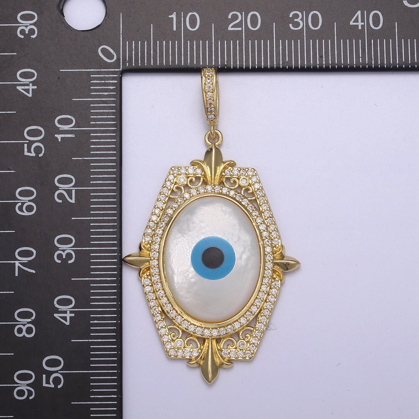 Bold Oval Blue Evil Eye Charm Micro CZ Paved Charm w/ Hexagonal Design Fleur Decoration DIY Pendant Component Necklace Bracelet | N-564