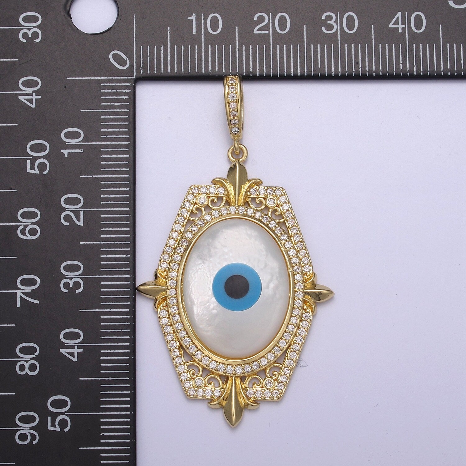 Bold Oval Blue Evil Eye Charm Micro CZ Paved Charm w/ Hexagonal Design Fleur Decoration DIY Pendant Component Necklace Bracelet | N-564
