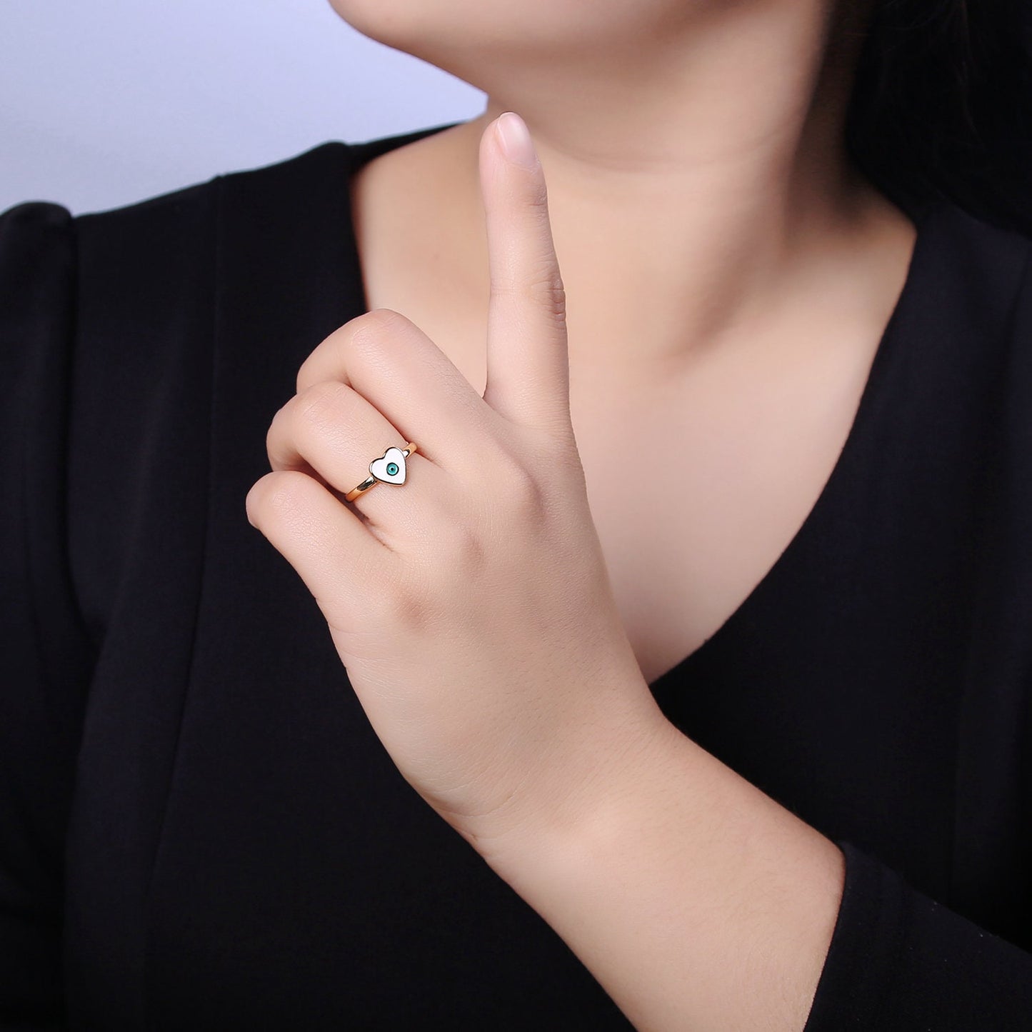 24K Gold Filled White, Navy Blue Enamel Heart Evil Eye Adjustable Ring | U407, U443
