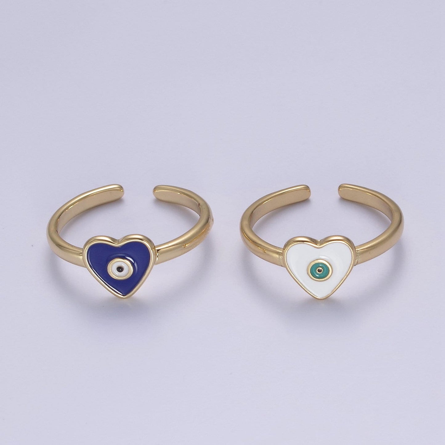 24K Gold Filled White, Navy Blue Enamel Heart Evil Eye Adjustable Ring | U407, U443
