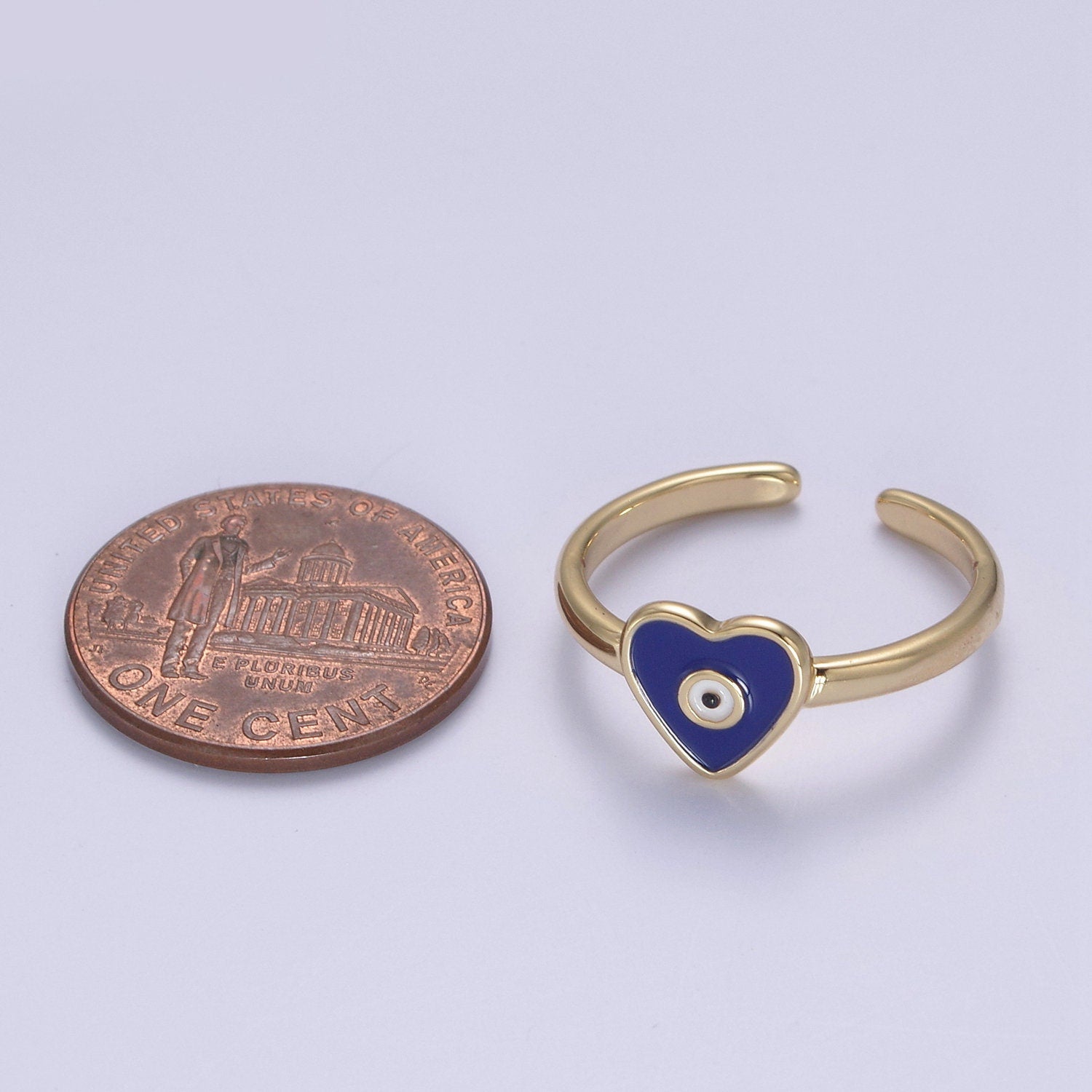 24K Gold Filled White, Navy Blue Enamel Heart Evil Eye Adjustable Ring | U407, U443