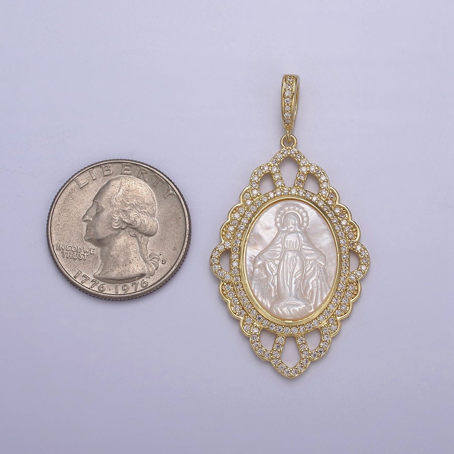 1x Bold Oval Virign Mary Charm Micro CZ Paved Charm w/ Ornate Design Pearl Center DIY Pendant Component Necklace Bracelet | N-565 N-566