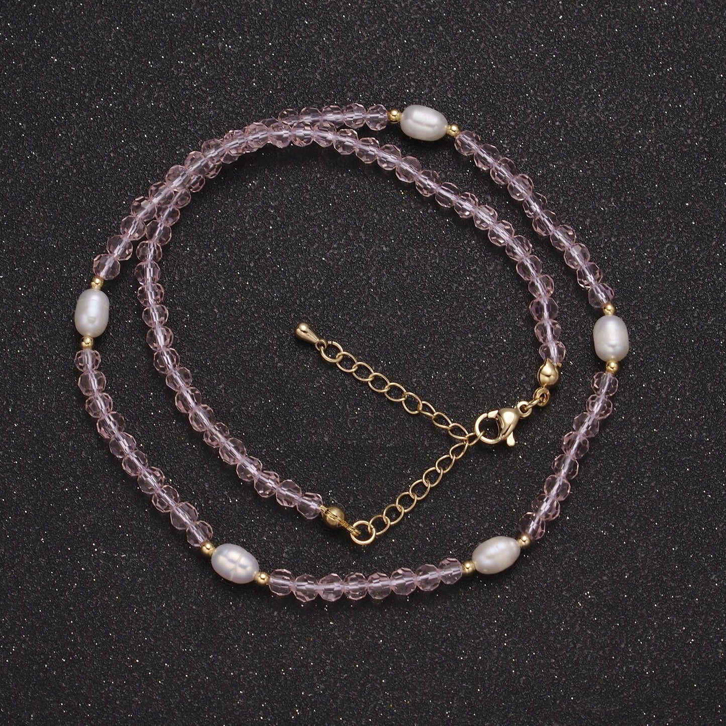 Pearl with Pink Glass Beaded Necklace, Pink Quartz Faceted Rondelle Beads Necklace | WA-586