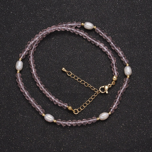 Pearl with Pink Glass Beaded Necklace, Pink Quartz Faceted Rondelle Beads Necklace | WA-586