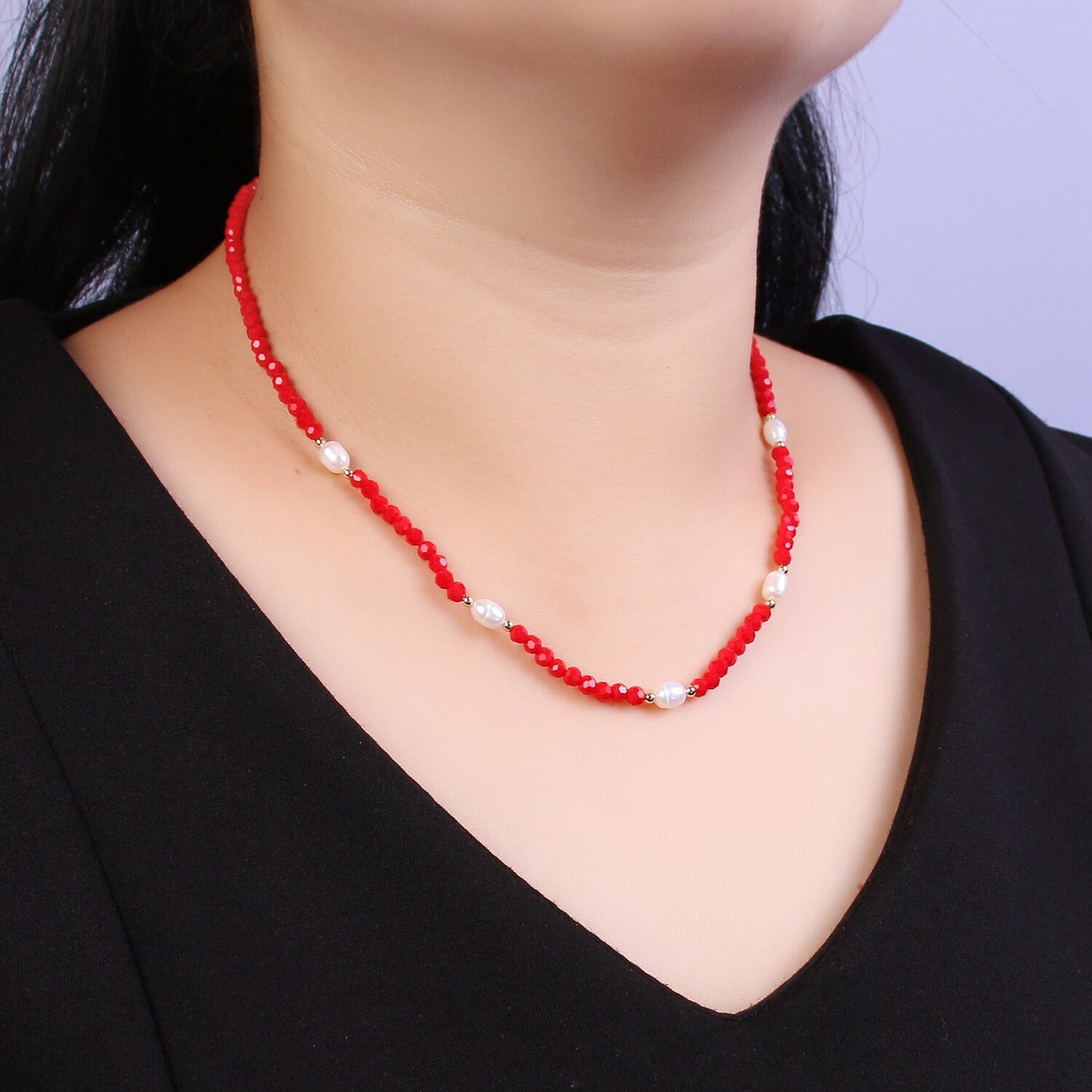 Pearl with Red Glass Beaded Necklace, Red Faceted Rondelle Beads Necklace WA-590