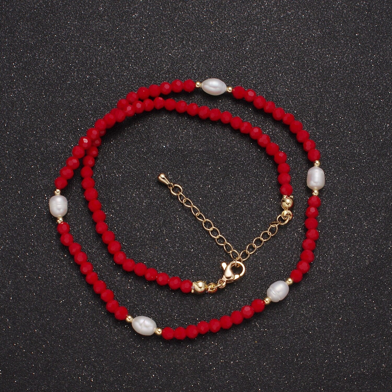 Pearl with Red Glass Beaded Necklace, Red Faceted Rondelle Beads Necklace WA-590
