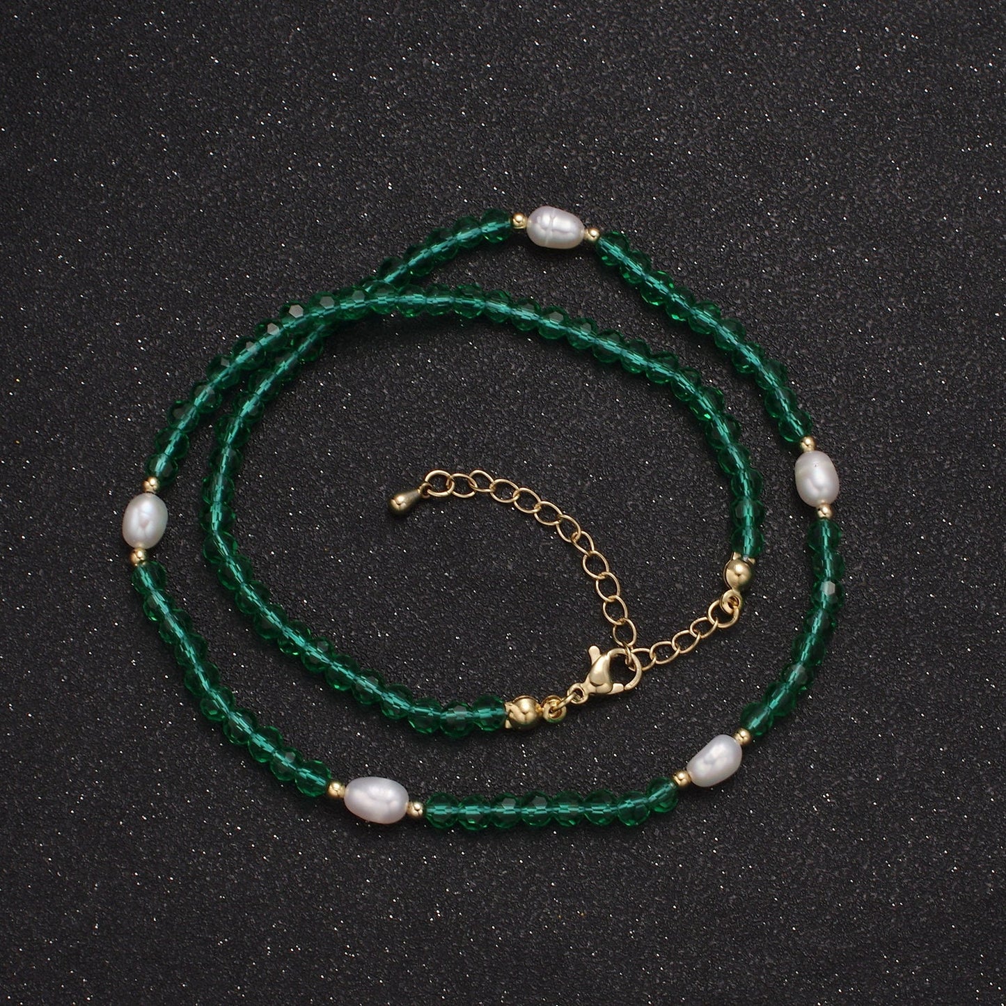 Pearl with Green Glass Beaded Necklace, Green Faceted Rondelle Beads Necklace WA-589
