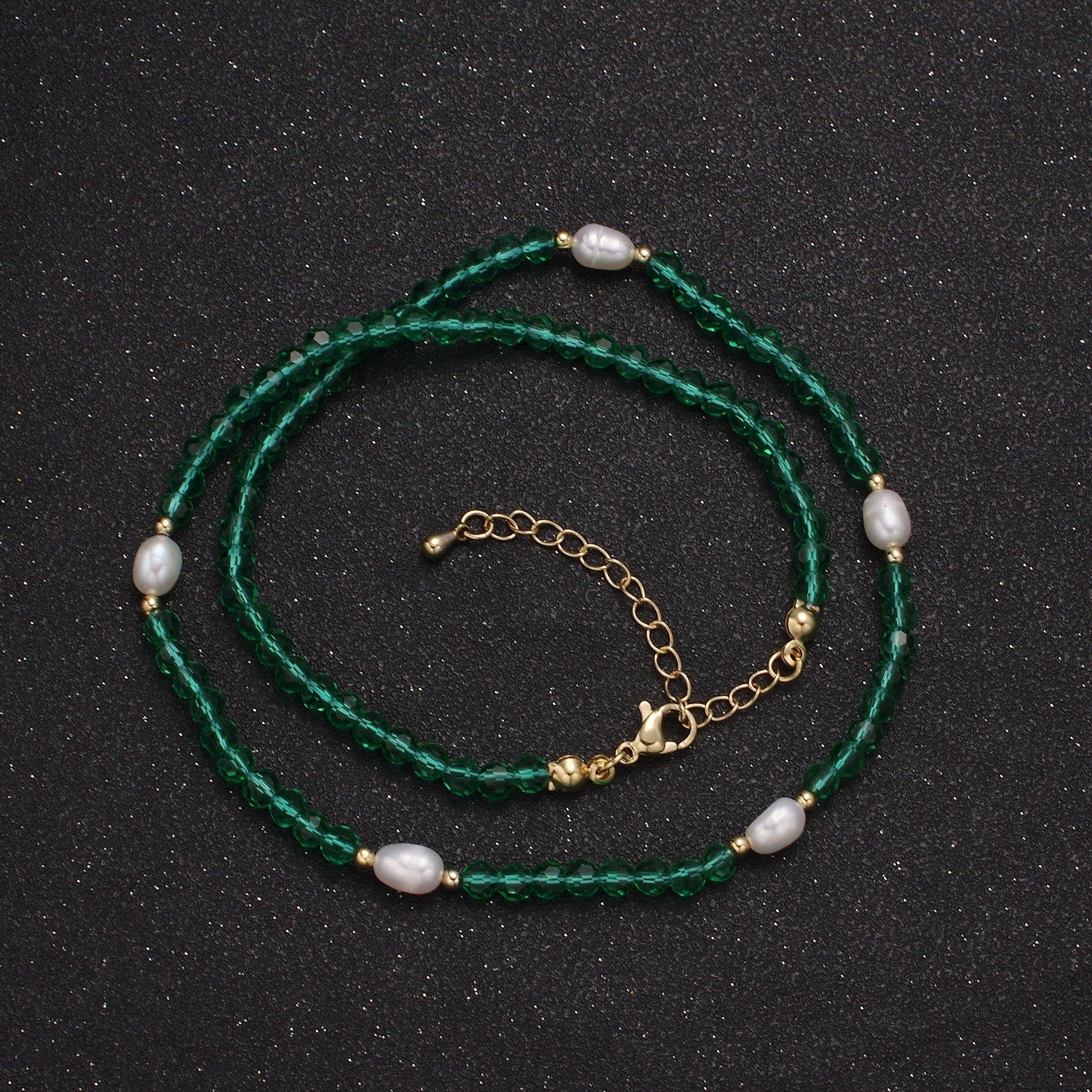 Pearl with Green Glass Beaded Necklace, Green Faceted Rondelle Beads Necklace WA-589