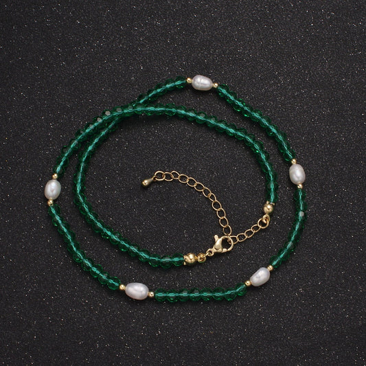 Pearl with Green Glass Beaded Necklace, Green Faceted Rondelle Beads Necklace WA-589