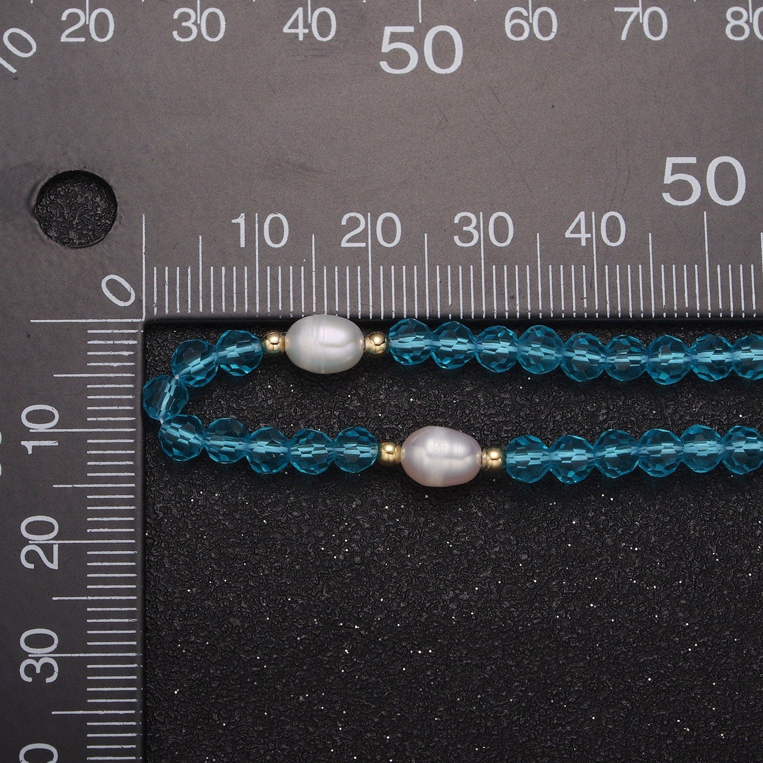 Pearl with Aqua Blue Glass Beaded Necklace, Light Blue Faceted Rondell Beads Necklace | WA-591