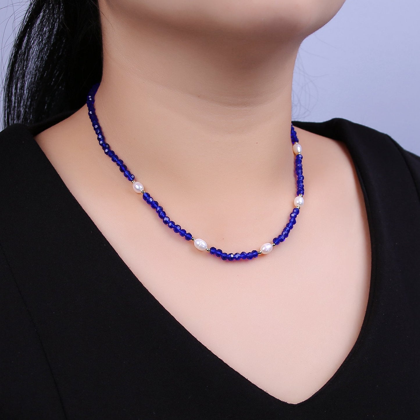Pearl with Blue Glass Beaded Necklace, Dark Blue Faceted Rondelle Beads Necklace | WA-592
