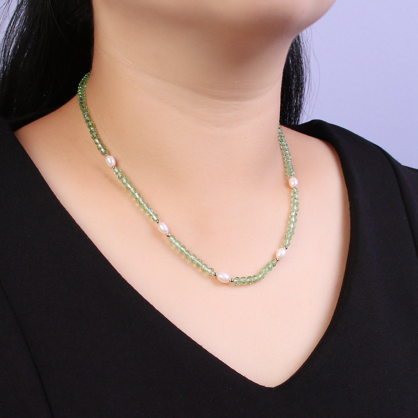 Pearl with Green Glass Beaded Necklace, Green Faceted Rondelle Beads Necklace | WA-593