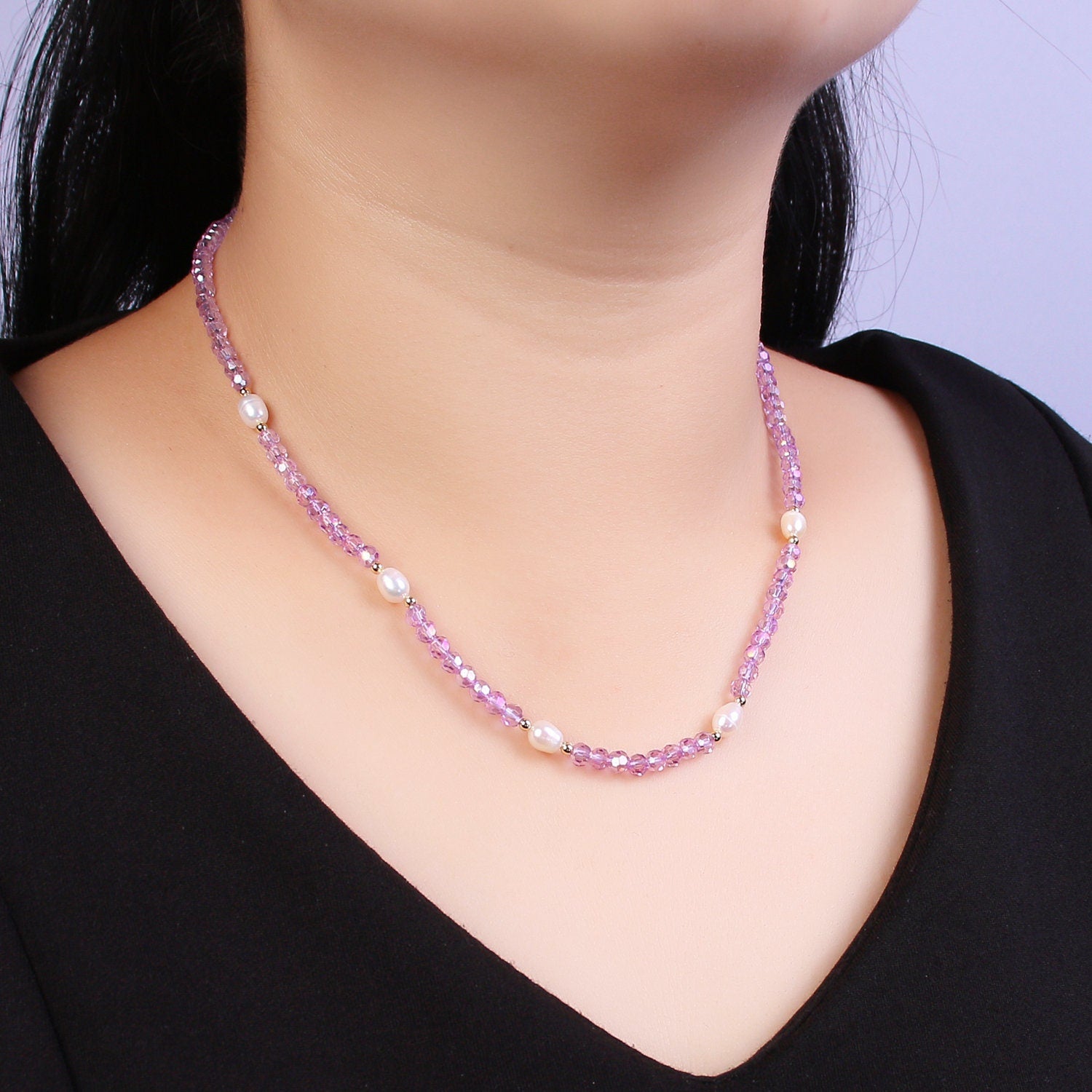 Pearl with Lavender Glass Beaded Necklace, Purple Faceted Rondelle Beads Necklace for Layer | WA-585
